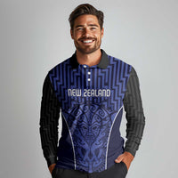 Custom Basketball New Zealand Long Sleeve Polo Shirt Blue Maori Ta Moko Indigenous - Polynesian Pride