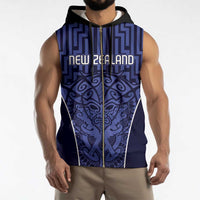 Custom Basketball New Zealand Sleeveless Zip Hoodie Blue Maori Ta Moko Indigenous LT9 - Polynesian Pride