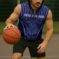 Custom Basketball New Zealand Sleeveless Zip Hoodie Blue Maori Ta Moko Indigenous LT9 - Polynesian Pride