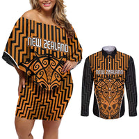 Custom Basketball New Zealand Couples Matching Off Shoulder Short Dress and Long Sleeve Button Shirt Gold Maori Ta Moko Indigenous - Polynesian Pride