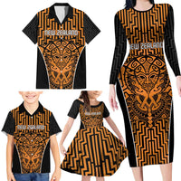 Custom Basketball New Zealand Family Matching Long Sleeve Bodycon Dress and Hawaiian Shirt Gold Maori Ta Moko Indigenous - Polynesian Pride
