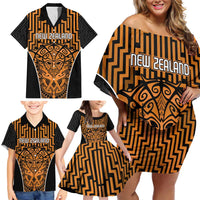 Custom Basketball New Zealand Family Matching Off Shoulder Short Dress and Hawaiian Shirt Gold Maori Ta Moko Indigenous - Polynesian Pride