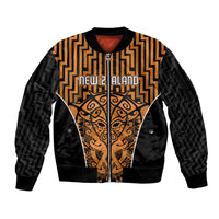 Custom Basketball New Zealand Sleeve Zip Bomber Jacket Gold Maori Ta Moko Indigenous - Polynesian Pride