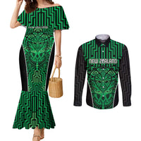 Custom Basketball New Zealand Couples Matching Mermaid Dress and Long Sleeve Button Shirt Green Maori Ta Moko Indigenous - Polynesian Pride