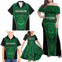 Custom Basketball New Zealand Family Matching Off Shoulder Maxi Dress and Hawaiian Shirt Green Maori Ta Moko Indigenous - Polynesian Pride