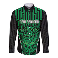 Custom Basketball New Zealand Long Sleeve Button Shirt Green Maori Ta Moko Indigenous LT9 Unisex Green - Polynesian Pride