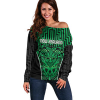 Custom Basketball New Zealand Off Shoulder Sweater Green Maori Ta Moko Indigenous LT9 Women Green - Polynesian Pride