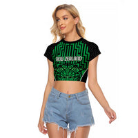 Custom Basketball New Zealand Raglan Cropped T Shirt Green Maori Ta Moko Indigenous LT9 Female Green - Polynesian Pride