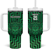 Custom Basketball New Zealand Tumbler With Handle Green Maori Ta Moko Indigenous - Polynesian Pride