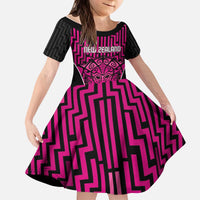 Custom Basketball New Zealand Kid Short Sleeve Dress Pink Maori Ta Moko Indigenous - Polynesian Pride
