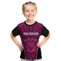 Custom Basketball New Zealand Kid T Shirt Pink Maori Ta Moko Indigenous - Polynesian Pride
