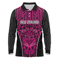 Custom Basketball New Zealand Long Sleeve Polo Shirt Pink Maori Ta Moko Indigenous - Polynesian Pride
