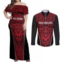 Custom Basketball New Zealand Couples Matching Off Shoulder Maxi Dress and Long Sleeve Button Shirt Red Maori Ta Moko Indigenous - Polynesian Pride