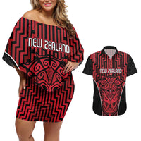 Custom Basketball New Zealand Couples Matching Off Shoulder Short Dress and Hawaiian Shirt Red Maori Ta Moko Indigenous - Polynesian Pride