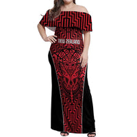 Custom Basketball New Zealand Off Shoulder Maxi Dress Red Maori Ta Moko Indigenous - Polynesian Pride
