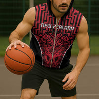 Custom Basketball New Zealand Sleeveless Zip Hoodie Red Maori Ta Moko Indigenous LT9 - Polynesian Pride
