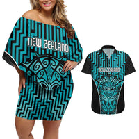 Custom Basketball New Zealand Couples Matching Off Shoulder Short Dress and Hawaiian Shirt Teal Maori Ta Moko Indigenous - Polynesian Pride