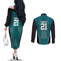 Custom Basketball New Zealand Couples Matching Off The Shoulder Long Sleeve Dress and Long Sleeve Button Shirt Teal Maori Ta Moko Indigenous - Polynesian Pride