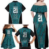 Custom Basketball New Zealand Family Matching Off Shoulder Maxi Dress and Hawaiian Shirt Teal Maori Ta Moko Indigenous - Polynesian Pride