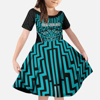 Custom Basketball New Zealand Family Matching Short Sleeve Bodycon Dress and Hawaiian Shirt Teal Maori Ta Moko Indigenous - Polynesian Pride