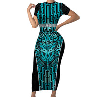 Custom Basketball New Zealand Short Sleeve Bodycon Dress Teal Maori Ta Moko Indigenous - Polynesian Pride