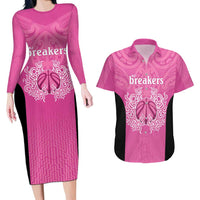 New Zealand Custom Couples Matching Long Sleeve Bodycon Dress and Hawaiian Shirt Fire Basketball Maori Tribal Pink - Polynesian Pride