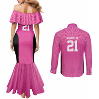 New Zealand Custom Couples Matching Mermaid Dress and Long Sleeve Button Shirt Fire Basketball Maori Tribal Pink - Polynesian Pride