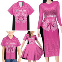New Zealand Custom Family Matching Long Sleeve Bodycon Dress and Hawaiian Shirt Fire Basketball Maori Tribal Pink - Polynesian Pride