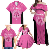 New Zealand Custom Family Matching Off Shoulder Maxi Dress and Hawaiian Shirt Fire Basketball Maori Tribal Pink - Polynesian Pride