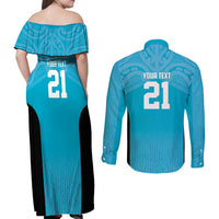 New Zealand Custom Couples Matching Off Shoulder Maxi Dress and Long Sleeve Button Shirt Fire Basketball Maori Tribal Sky Blue - Polynesian Pride