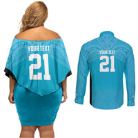 New Zealand Custom Couples Matching Off Shoulder Short Dress and Long Sleeve Button Shirt Fire Basketball Maori Tribal Sky Blue - Polynesian Pride