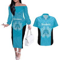 New Zealand Custom Couples Matching Off The Shoulder Long Sleeve Dress and Hawaiian Shirt Fire Basketball Maori Tribal Sky Blue - Polynesian Pride