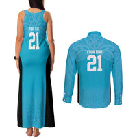 New Zealand Custom Couples Matching Tank Maxi Dress and Long Sleeve Button Shirt Fire Basketball Maori Tribal Sky Blue - Polynesian Pride