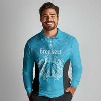 New Zealand Custom Long Sleeve Polo Shirt Fire Basketball Maori Tribal Sky Blue - Polynesian Pride