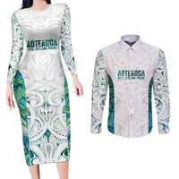 Custom New Zealand Aotearoa Couples Matching Long Sleeve Bodycon Dress and Long Sleeve Button Shirt Green Maori Paua Shell Indigenous - Polynesian Pride