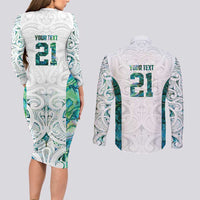 Custom New Zealand Aotearoa Couples Matching Long Sleeve Bodycon Dress and Long Sleeve Button Shirt Green Maori Paua Shell Indigenous - Polynesian Pride