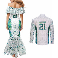 Custom New Zealand Aotearoa Couples Matching Mermaid Dress and Long Sleeve Button Shirt Green Maori Paua Shell Indigenous - Polynesian Pride