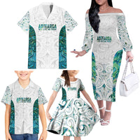 Custom New Zealand Aotearoa Family Matching Off The Shoulder Long Sleeve Dress and Hawaiian Shirt Green Maori Paua Shell Indigenous - Polynesian Pride