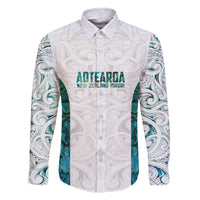 Custom New Zealand Aotearoa Family Matching Off The Shoulder Long Sleeve Dress and Hawaiian Shirt Green Maori Paua Shell Indigenous - Polynesian Pride