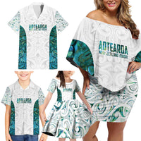 Custom New Zealand Aotearoa Family Matching Off Shoulder Short Dress and Hawaiian Shirt Green Maori Paua Shell Indigenous - Polynesian Pride
