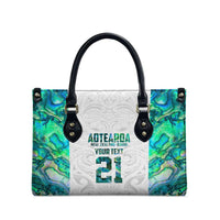Custom New Zealand Aotearoa Leather Bag Green Maori Paua Shell Indigenous - Polynesian Pride