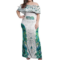 Custom New Zealand Aotearoa Off Shoulder Maxi Dress Green Maori Paua Shell Indigenous - Polynesian Pride