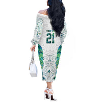 Custom New Zealand Aotearoa Off The Shoulder Long Sleeve Dress Green Maori Paua Shell Indigenous - Polynesian Pride