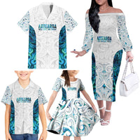 Custom New Zealand Aotearoa Family Matching Off The Shoulder Long Sleeve Dress and Hawaiian Shirt Maori Paua Shell Indigenous - Polynesian Pride