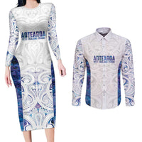 Custom New Zealand Aotearoa Couples Matching Long Sleeve Bodycon Dress and Long Sleeve Button Shirt Purple Maori Paua Shell Indigenous - Polynesian Pride