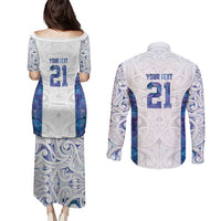 Custom New Zealand Aotearoa Couples Matching Puletasi and Long Sleeve Button Shirt Purple Maori Paua Shell Indigenous - Polynesian Pride