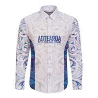Custom New Zealand Aotearoa Long Sleeve Button Shirt Purple Maori Paua Shell Indigenous - Polynesian Pride