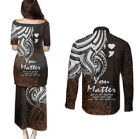 Your Matter Suicide Prevention Couples Matching Puletasi Dress and Long Sleeve Button Shirts Gold Polynesian Tribal LT9 - Polynesian Pride