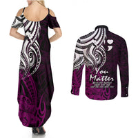Your Matter Suicide Prevention Couples Matching Summer Maxi Dress and Long Sleeve Button Shirts Pink Polynesian Tribal LT9 - Polynesian Pride