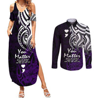 Your Matter Suicide Prevention Couples Matching Summer Maxi Dress and Long Sleeve Button Shirts Purple Polynesian Tribal LT9 Purple - Polynesian Pride